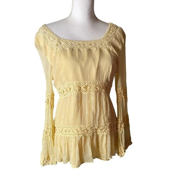 WILLI SMITH Women Silk Large Sheer Gold Yellow Long Sleeve Boho Top Crochet - Picture 1 of 7